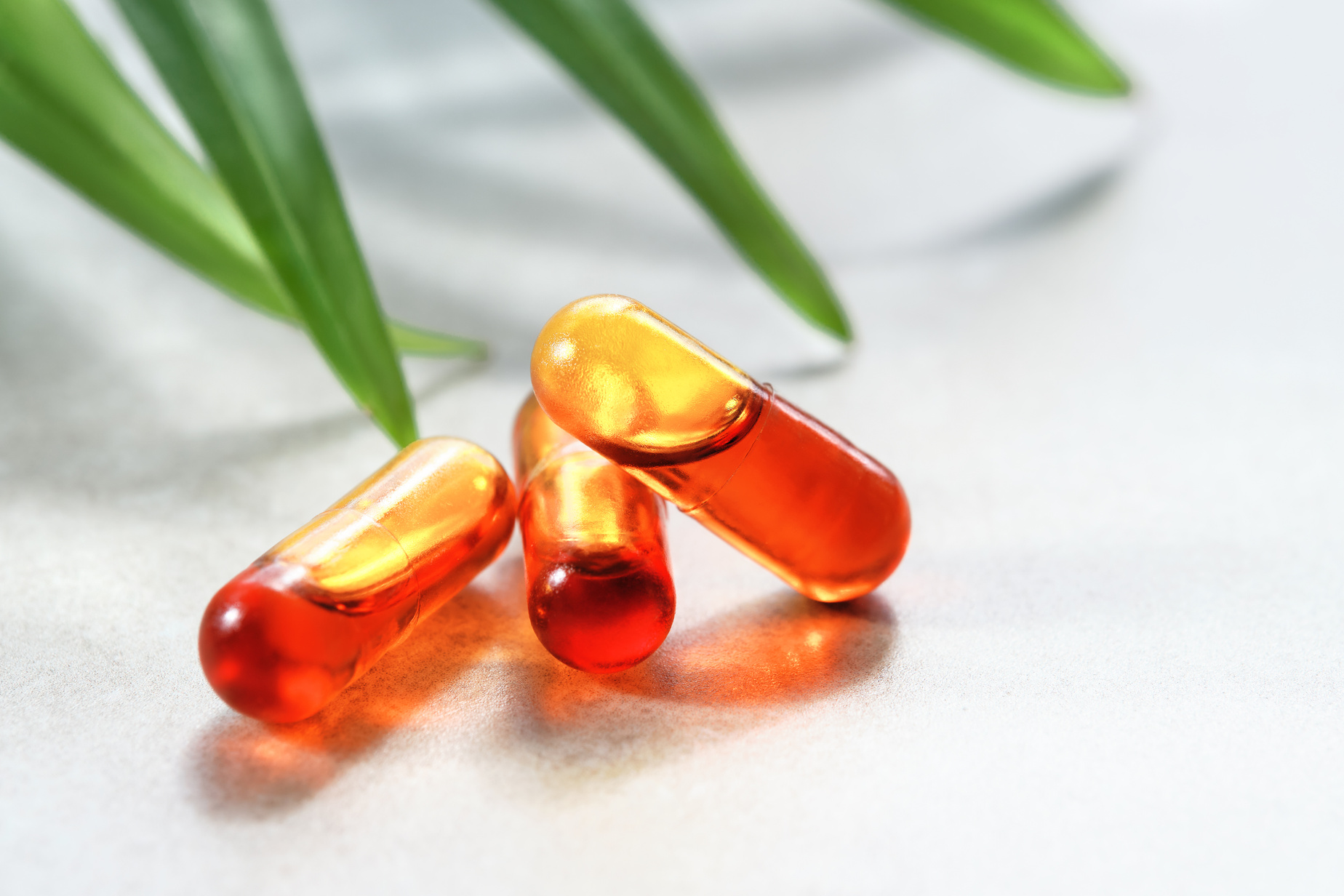 Curcumin in Liquid Form. Herbal Capsules, Herb Turmeric Capsules on Neutral Background with Palm Leaf Shadow. Herbal Medicine Extract from Turmeric Roots.